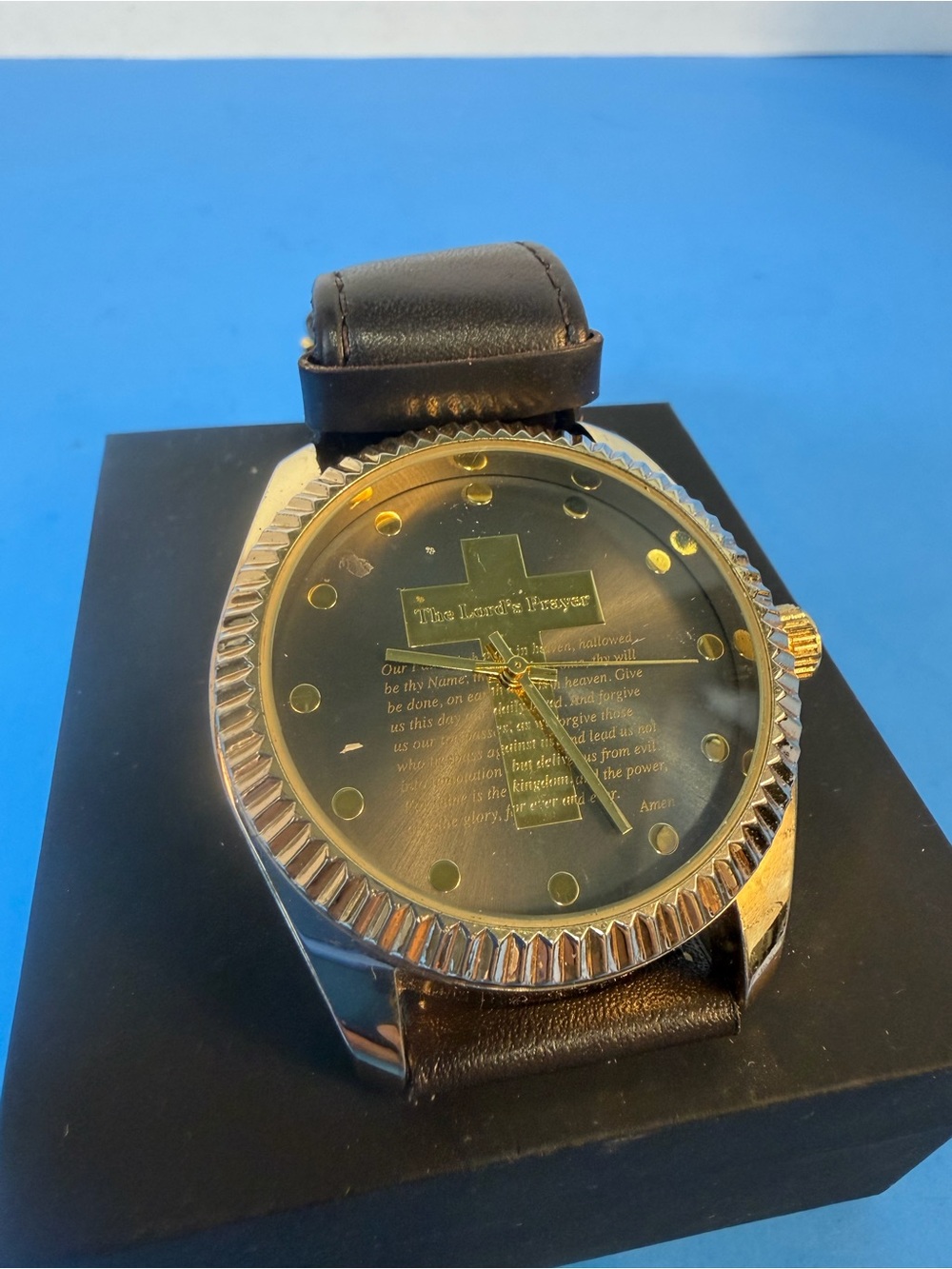 Men's Black Leather Prayer Watch with Gold Accents
